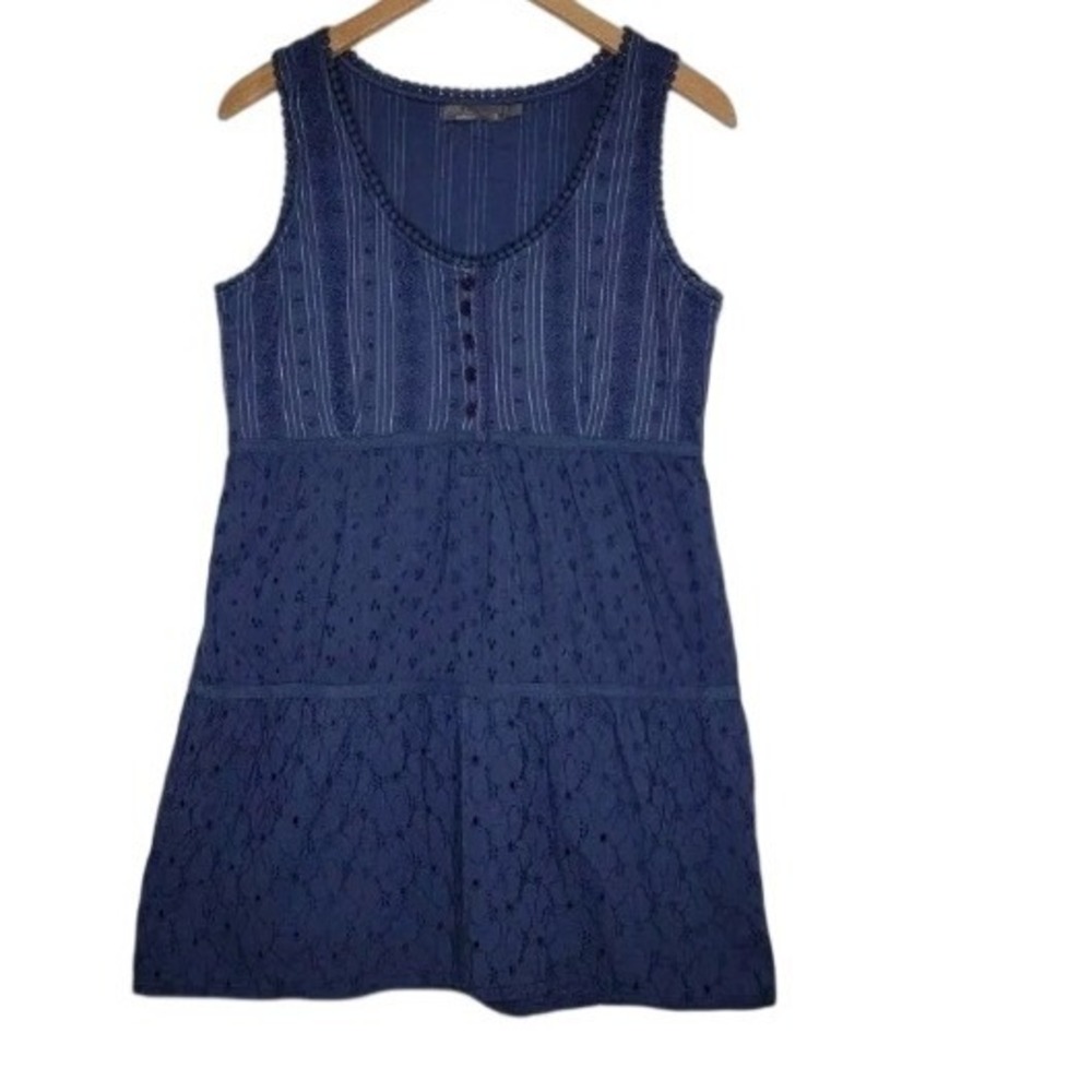 PrAna Kendall Womens Navy Blue Cotton Eyelet‎ Tiered Boho Dress Coastal resort